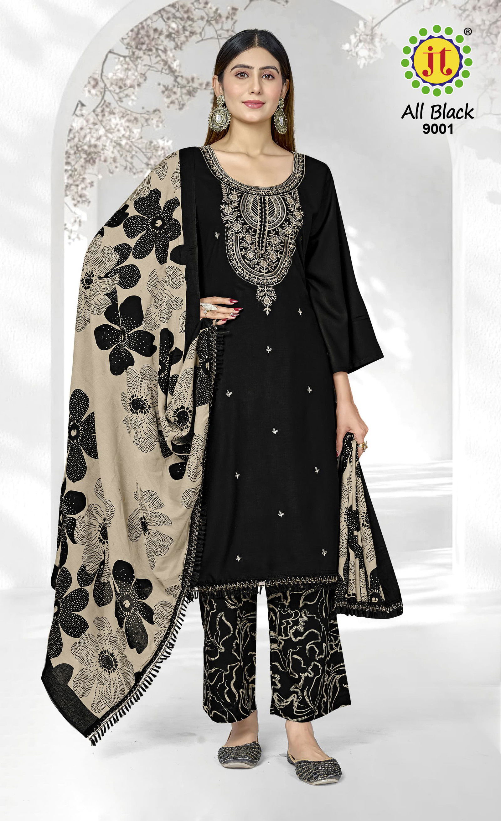 Jt All Black Vol 9 Rayon Embroidered Dress Material Collection
